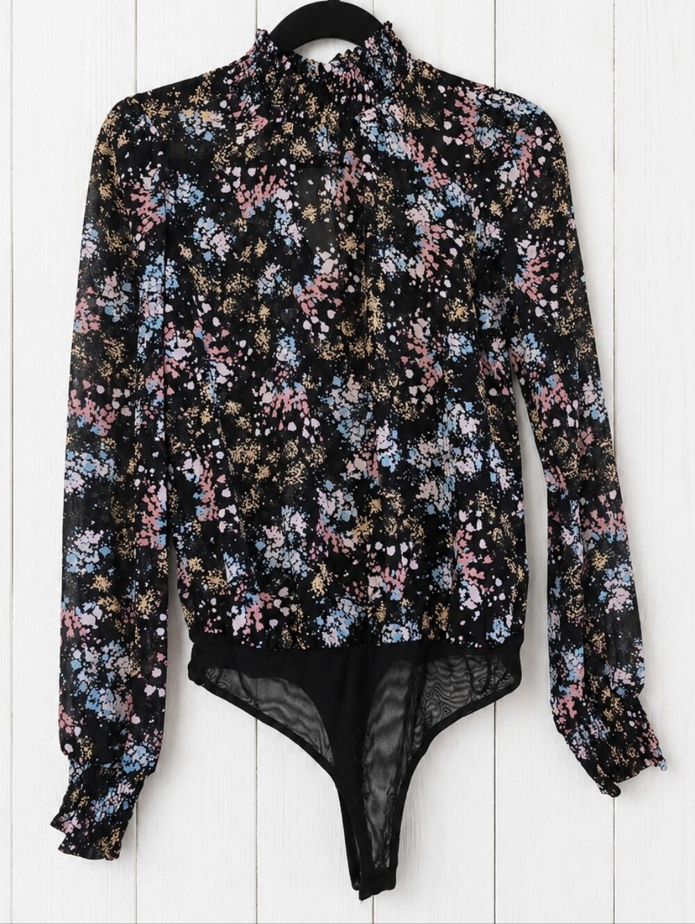 Socialite Sheer Black Floral Long Sleeve Bodysuit Size XS
